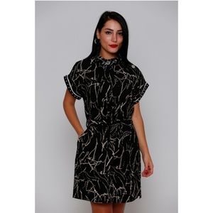 Black Print pocket belted shift dress